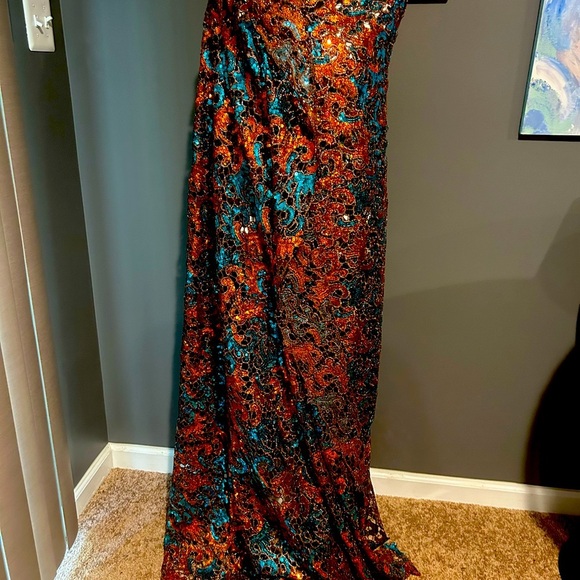 5 Yards Blue & Orange African Cord Guipure Lace Crystals Fabric - Picture 8 of 9